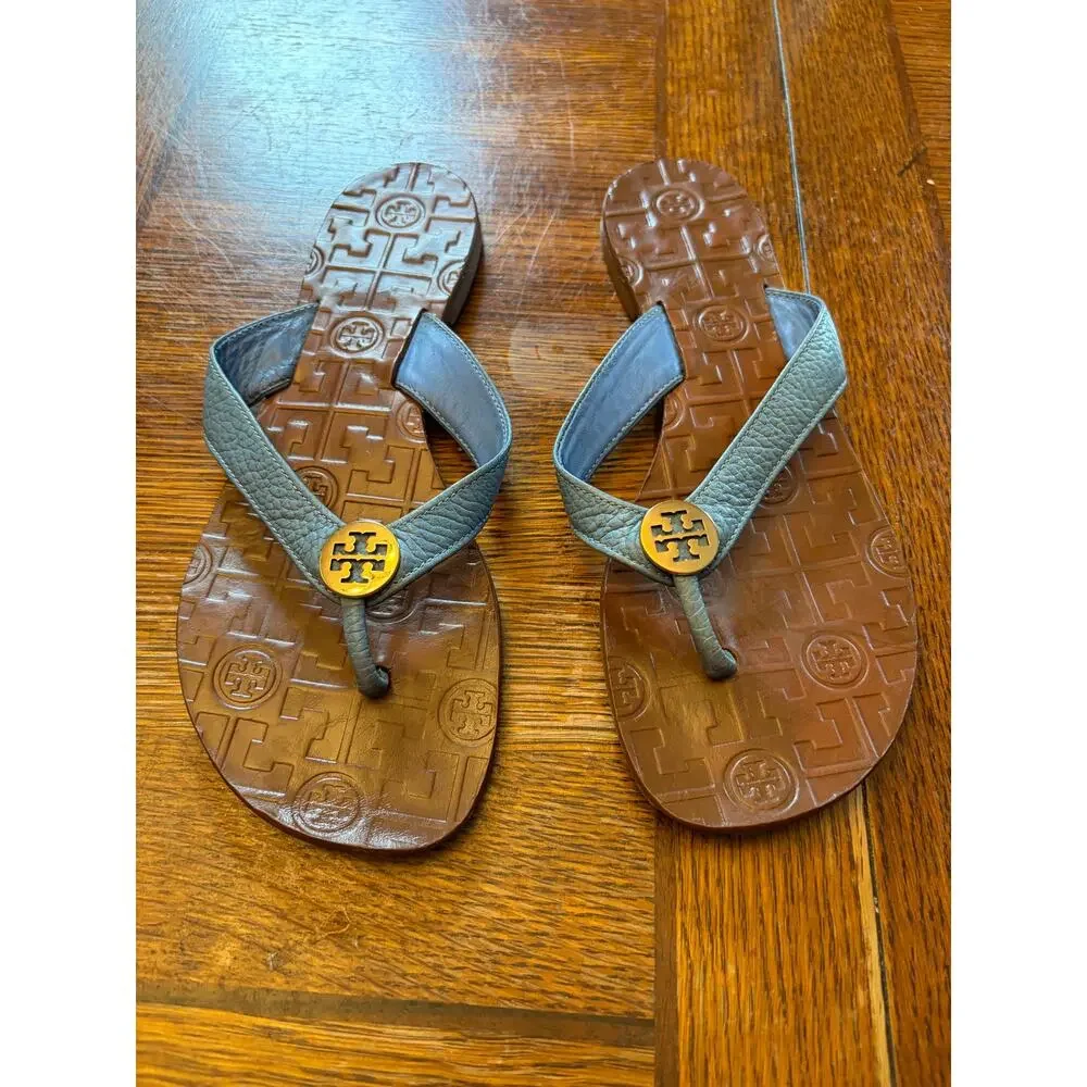 Tory Burch Thora Sandal 8M Chambray Blue Snake Leather Logo Thong Flip Flop Shoe
